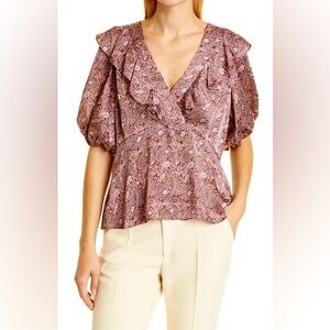 Ted Baker London Leven Floral Paisley Puff Sleeve Ruffle Pink Wrap Blouse US 4